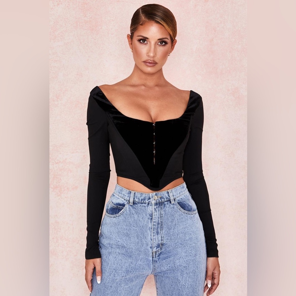 House of CB Black Off-Shoulder Velvet-Trim Crop Top